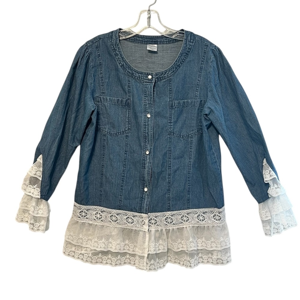Denim Lace‎ Trim Button Front Blouse Medium Boho Cottagecore Western Tunic